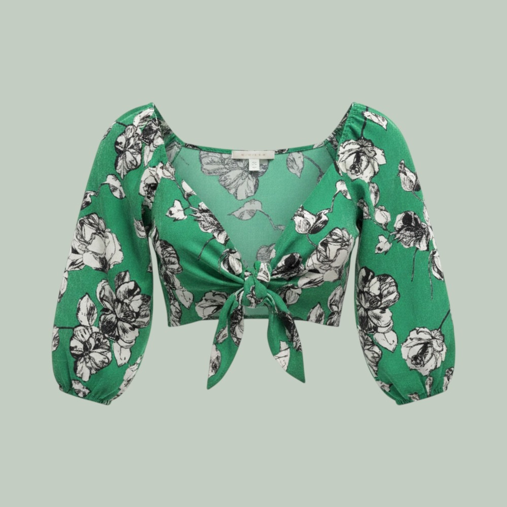 Cottagecore Floral Tie Front Puff Sleeve Crop Top Women Medium Green New Mode